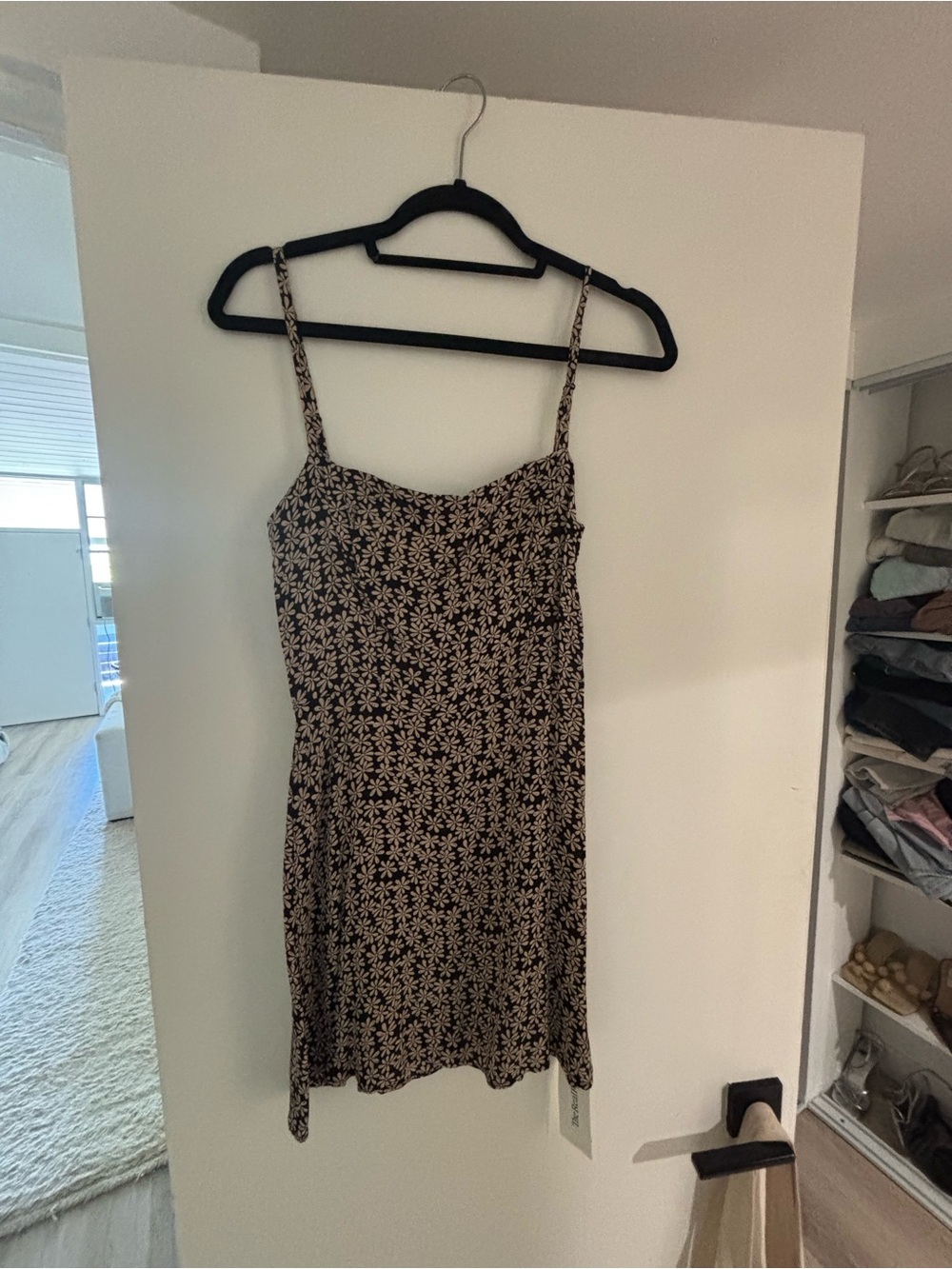 Floral Spaghetti-Strap Mini Dress in Black and Beige
